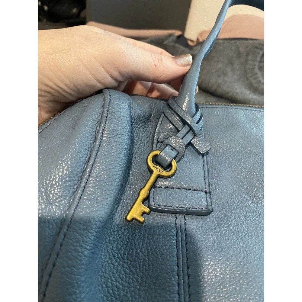 Fossil Jori Satchel Handbag Mini Duffle Blue Leather Handles Shoulder Strap - Picture 4 of 8